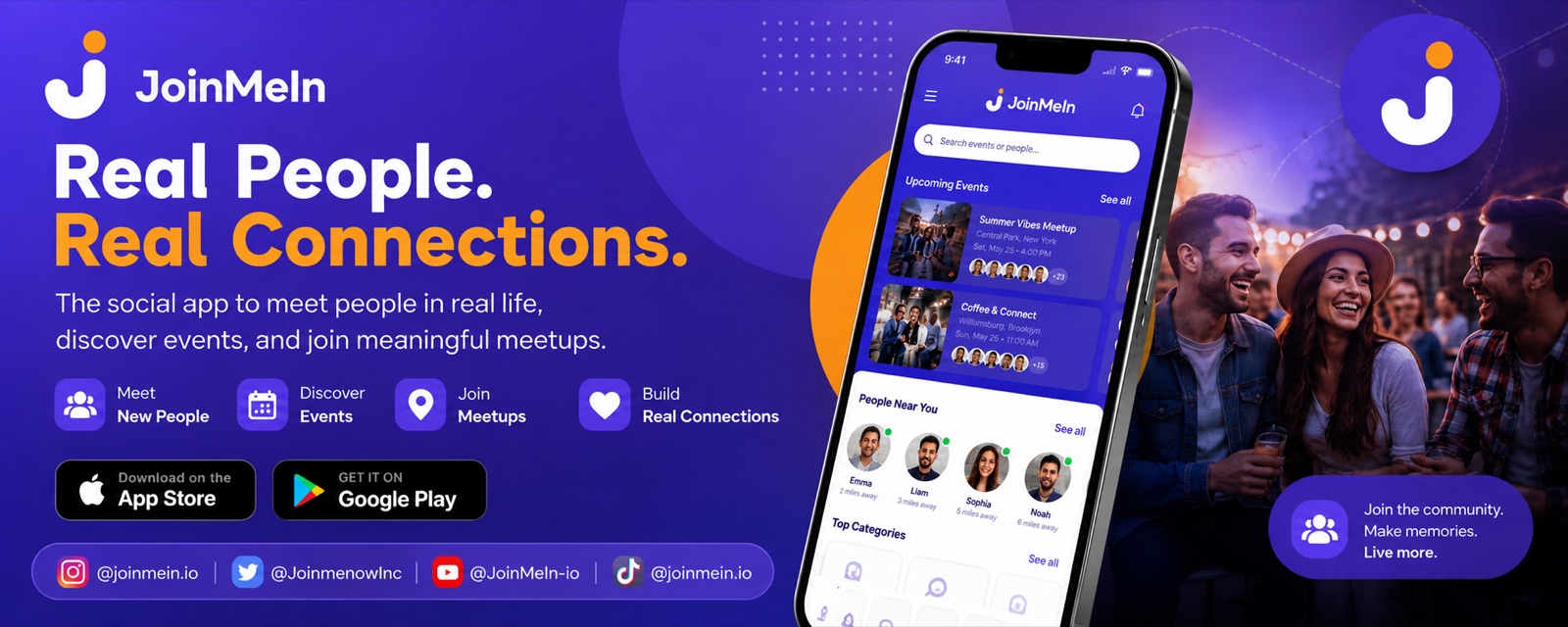 JoinMeIn, Real People. Real Connections. Meet new people, discover events, and join meetups in real life.